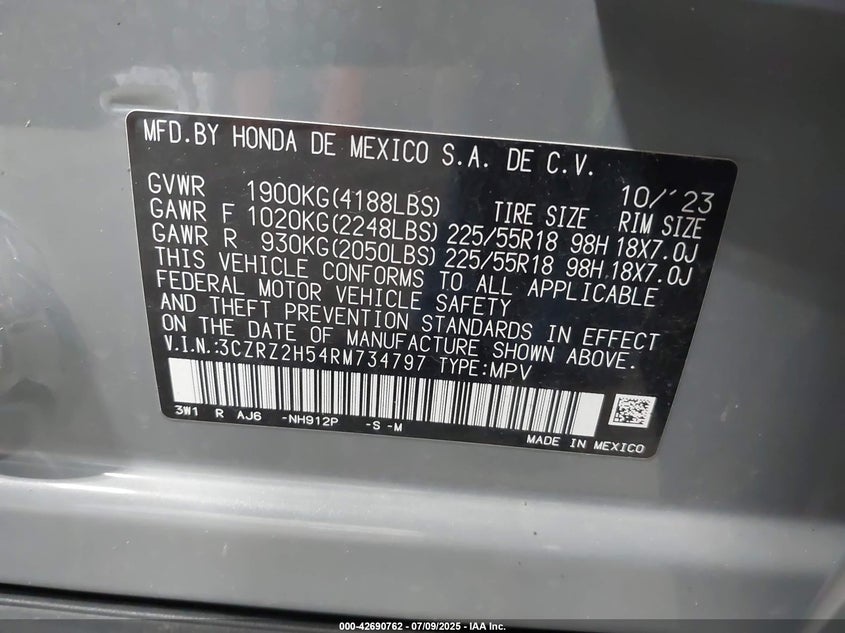 2024 Honda Hr-V Awd Sport/Awd Sport W/O Bsi VIN: 3CZRZ2H54RM734797 Lot: 42690762