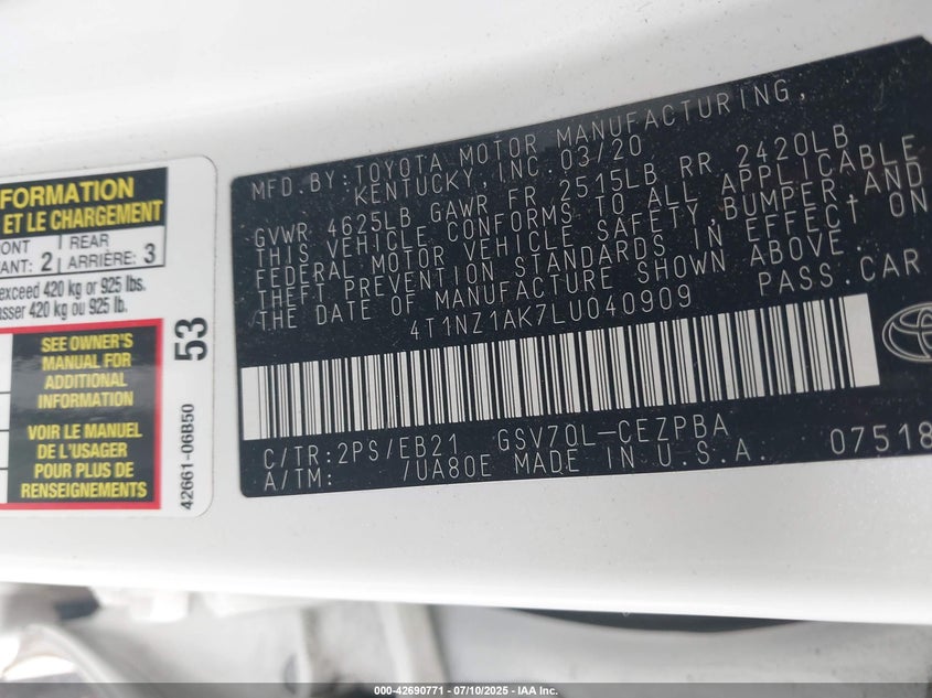 2020 TOYOTA CAMRY TRD - 4T1NZ1AK7LU040909