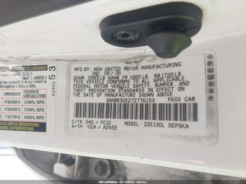 2007 Toyota Corolla S VIN: 1NXBR32E27Z776153 Lot: 42690864