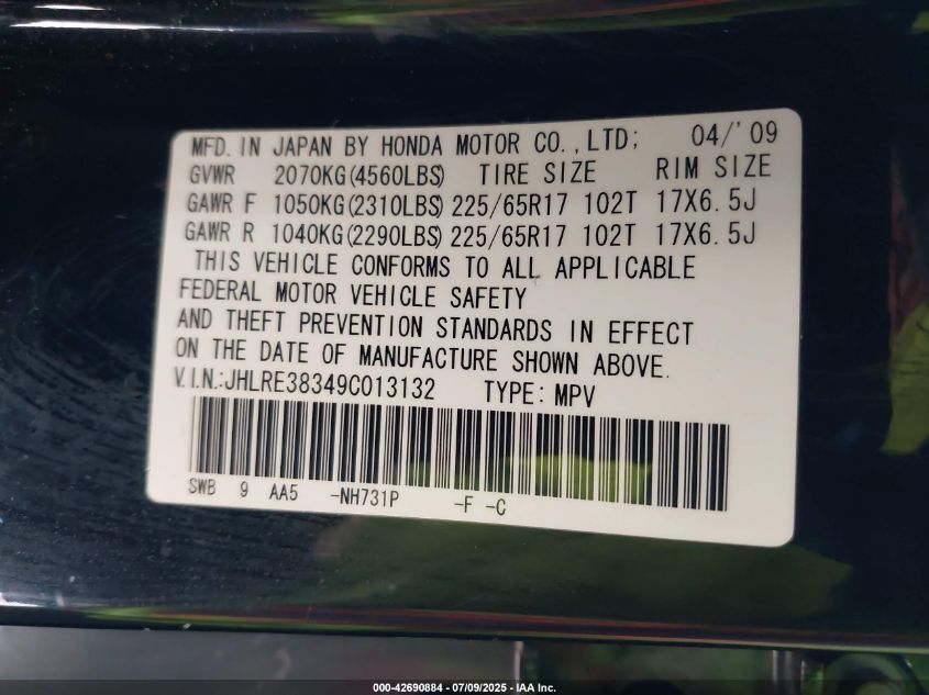2009 Honda Cr-V Lx VIN: JHLRE38349C013132 Lot: 42690884
