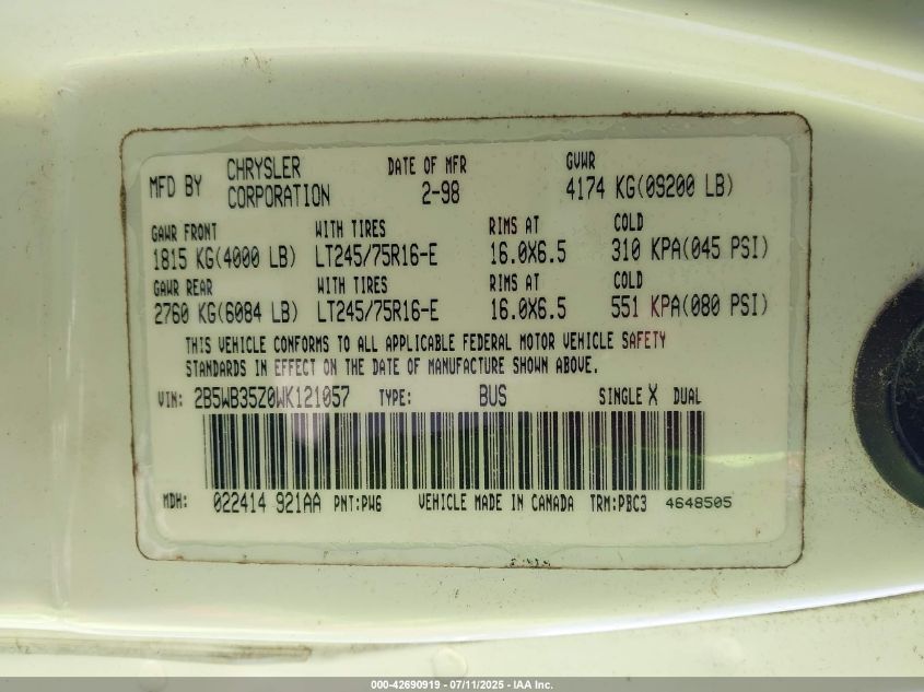 1998 Dodge Ram Wagon 3500 Value VIN: 2B5WB35Z0WK121057 Lot: 42690919