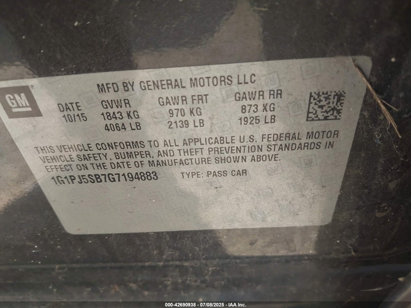 2016 CHEVROLET CRUZE LIMITED VIN: 1G1PJ5SB7G7194883
