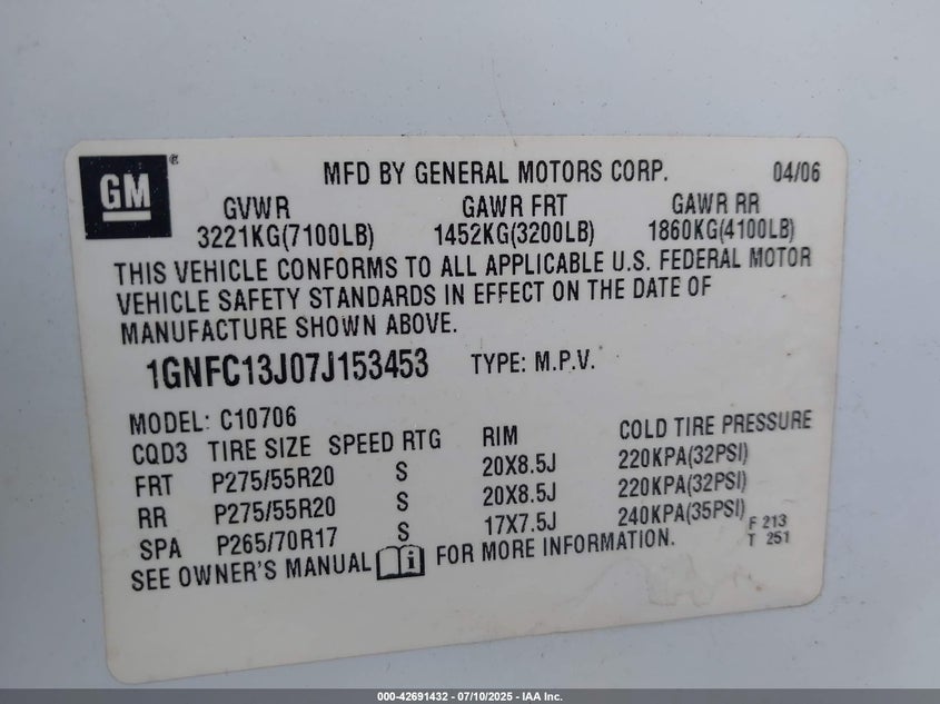 2007 Chevrolet Tahoe Ltz VIN: 1GNFC13J07J153453 Lot: 42691432