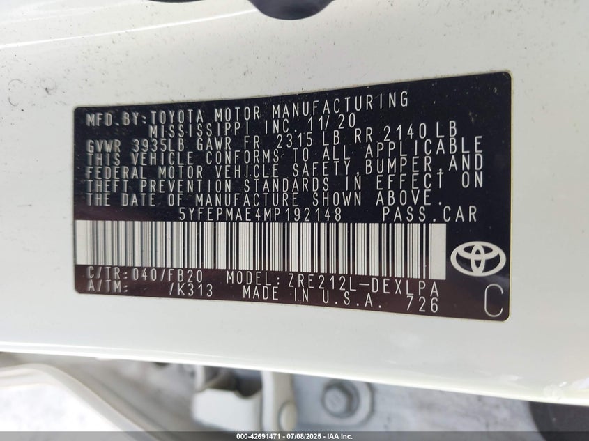 2021 Toyota Corolla Le VIN: 5YFEPMAE4MP192148 Lot: 42691471