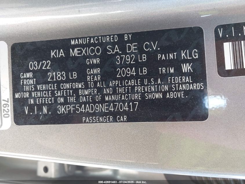 2022 Kia Forte Gt-Line VIN: 3KPF54AD9NE470417 Lot: 42691483