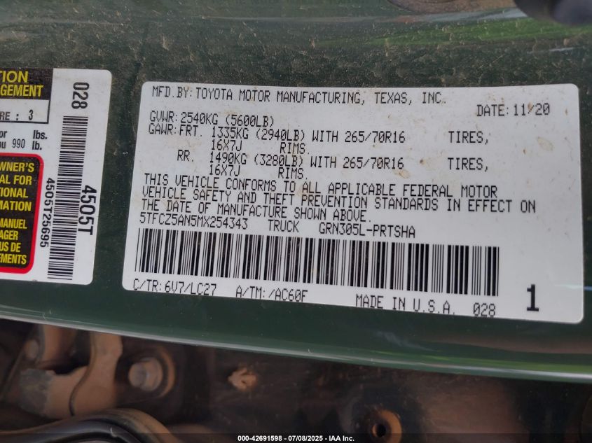 2021 Toyota Tacoma Trd Off-Road VIN: 5TFCZ5AN5MX254343 Lot: 42691598