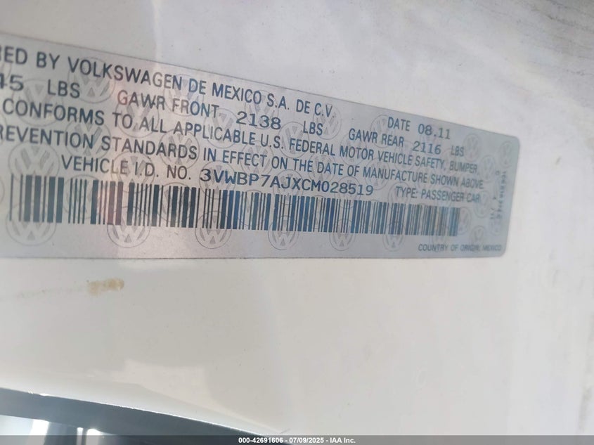 2012 VOLKSWAGEN JETTA VIN: 3VWBP7AJXCM028519