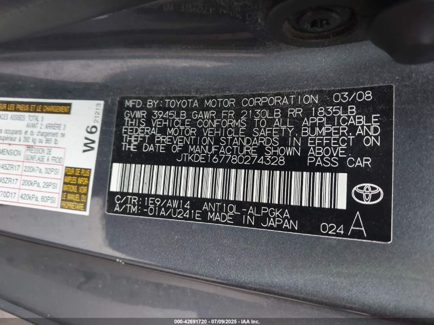 2008 Scion Tc VIN: JTKDE167780274328 Lot: 42691720