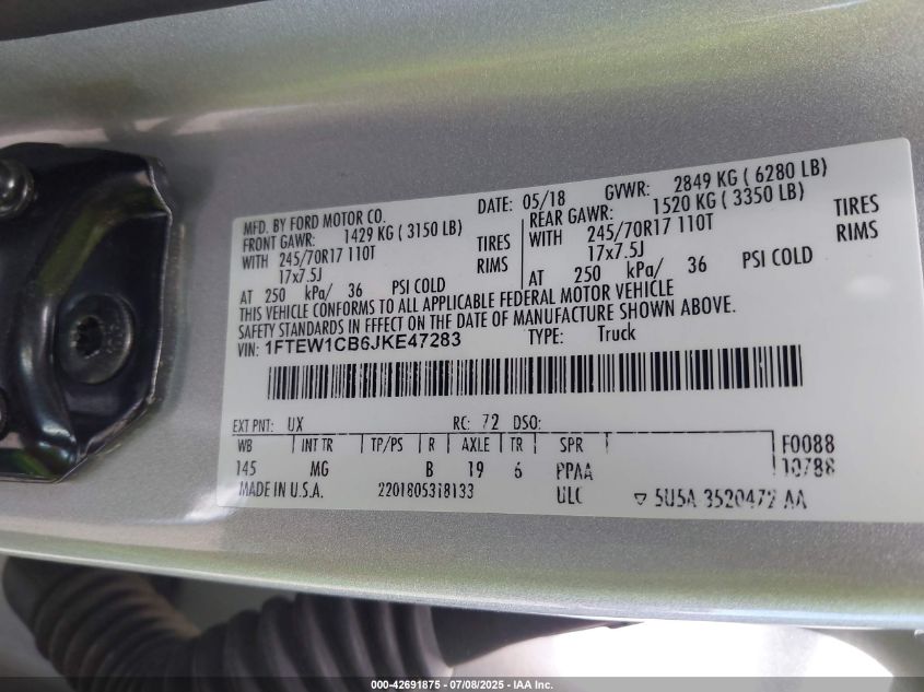 2018 Ford F-150 Xl/Xlt VIN: 1FTEW1CB6JKE47283 Lot: 42691875