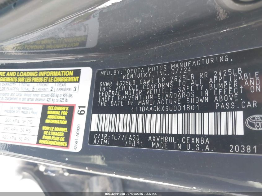 2025 Toyota Camry Le VIN: 4T1DAACKXSU031801 Lot: 42691958