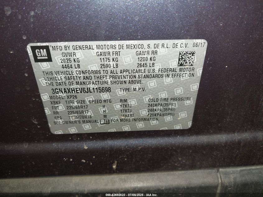 2018 Chevrolet Equinox Ls VIN: 3GNAXHEV6JL115698 Lot: 42692023