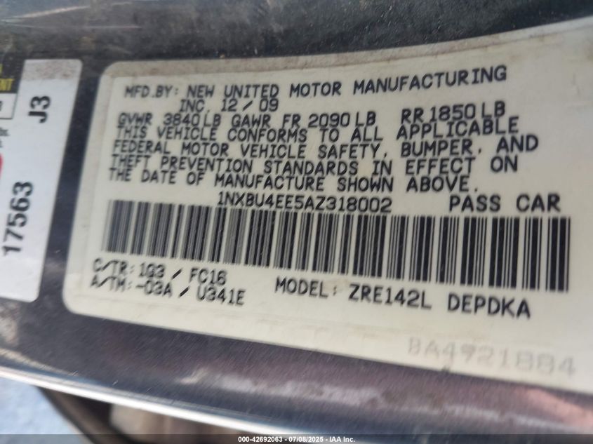 2009 Toyota Corolla S VIN: 1NXBU40E59Z107952 Lot: 42692063