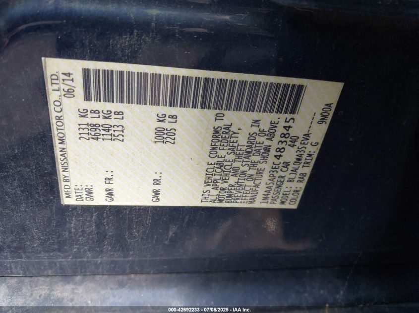 2014 Nissan Maxima 3.5 S/3.5 Sv VIN: 1N4AA5AP3EC483845 Lot: 42692233