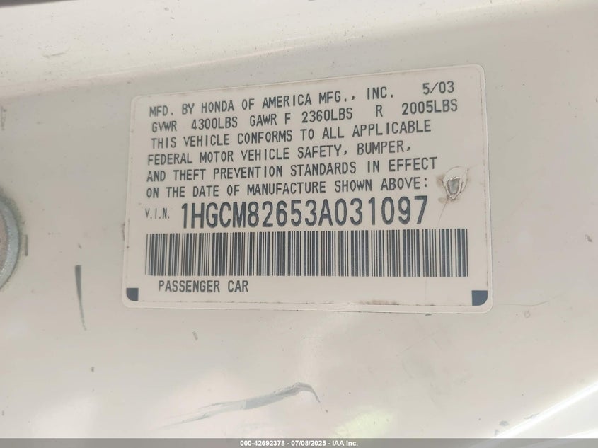 2003 Honda Accord 3.0 Ex VIN: 1HGCM82653A031097 Lot: 42692378