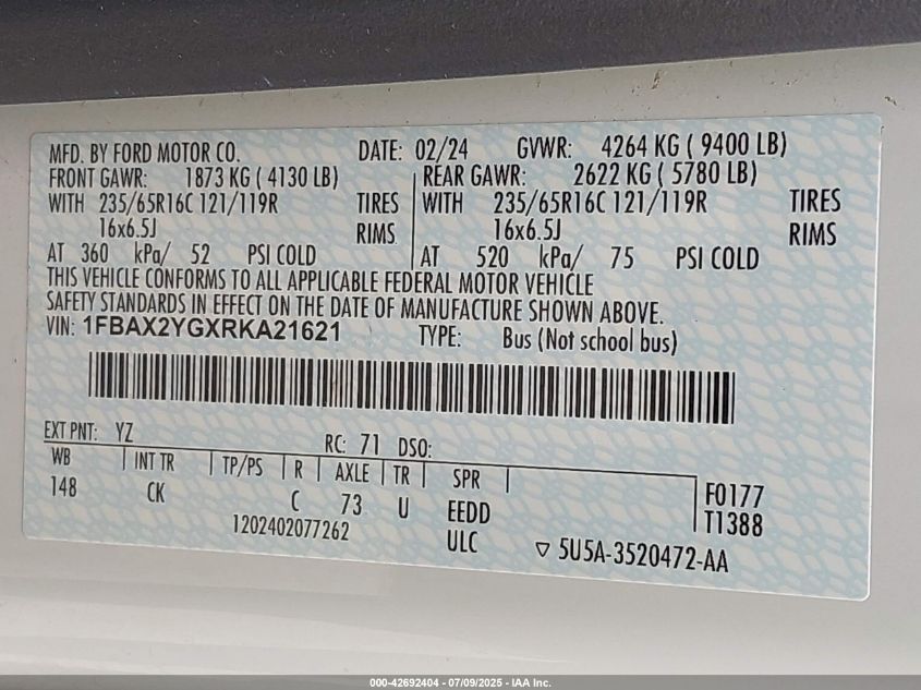 2024 Ford Transit-350 Passenger Van Xl/Xlt VIN: 1FBAX2YGXRKA21621 Lot: 42692404