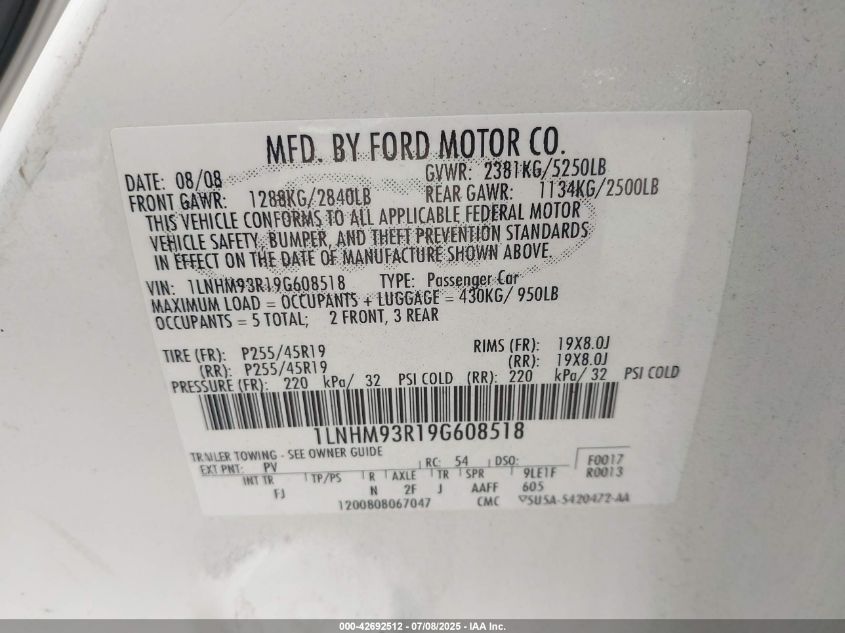 2009 Lincoln Mks VIN: 1LNHM93R19G608518 Lot: 42692512