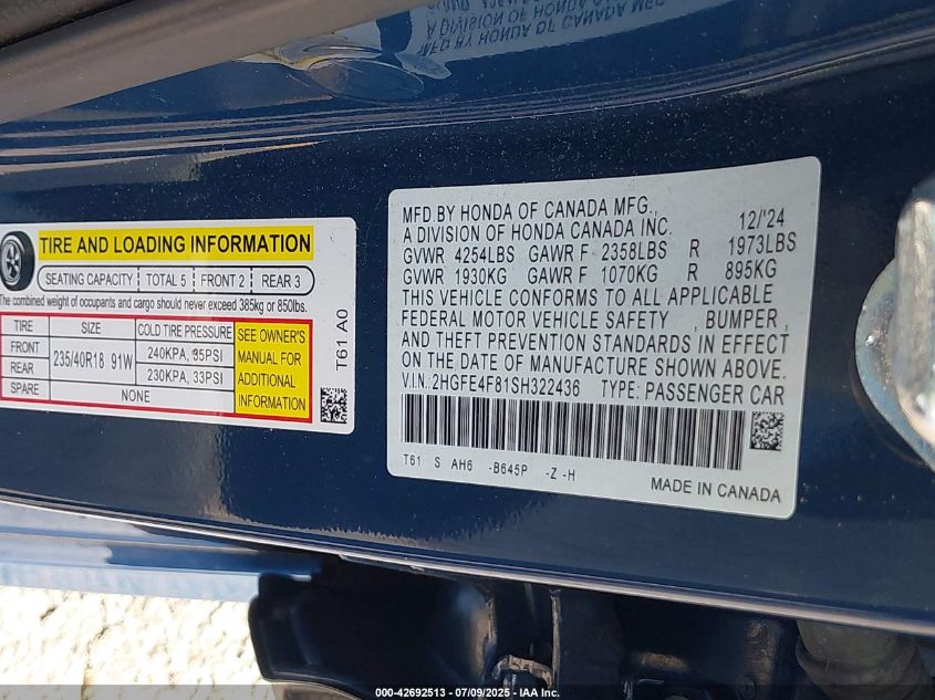 2025 Honda Civic Hybrid Sport/Sport Touring VIN: 2HGFE4F81SH322436 Lot: 42692513