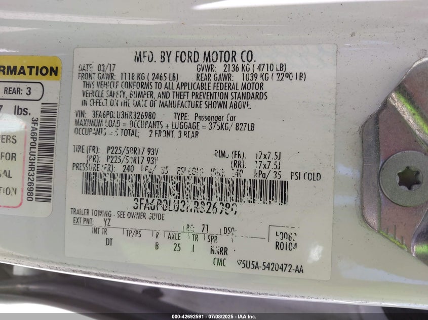 2017 FORD FUSION HYBRID VIN: 3FA6P0LU3HR326980