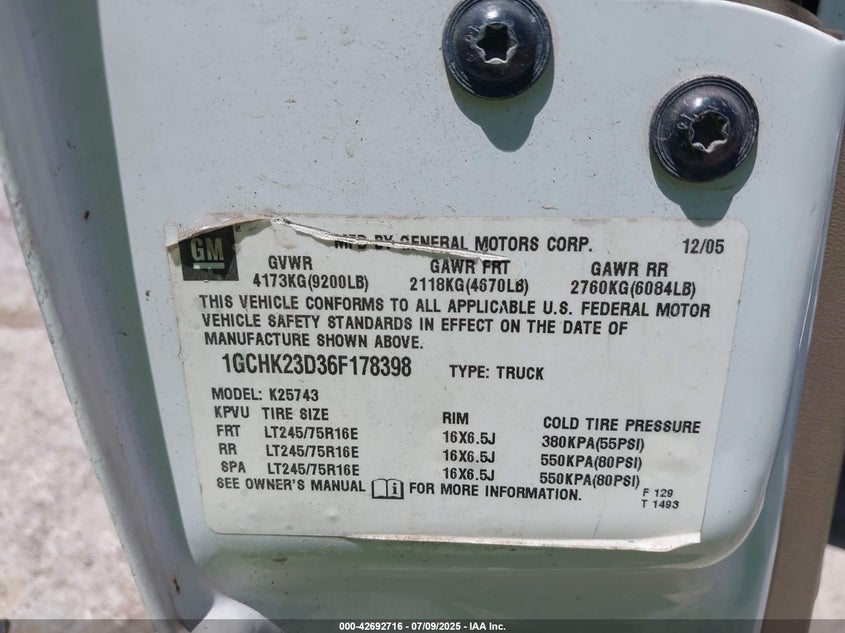 2006 Chevrolet Silverado 2500Hd Lt3 VIN: 1GCHK23D36F178398 Lot: 42692716