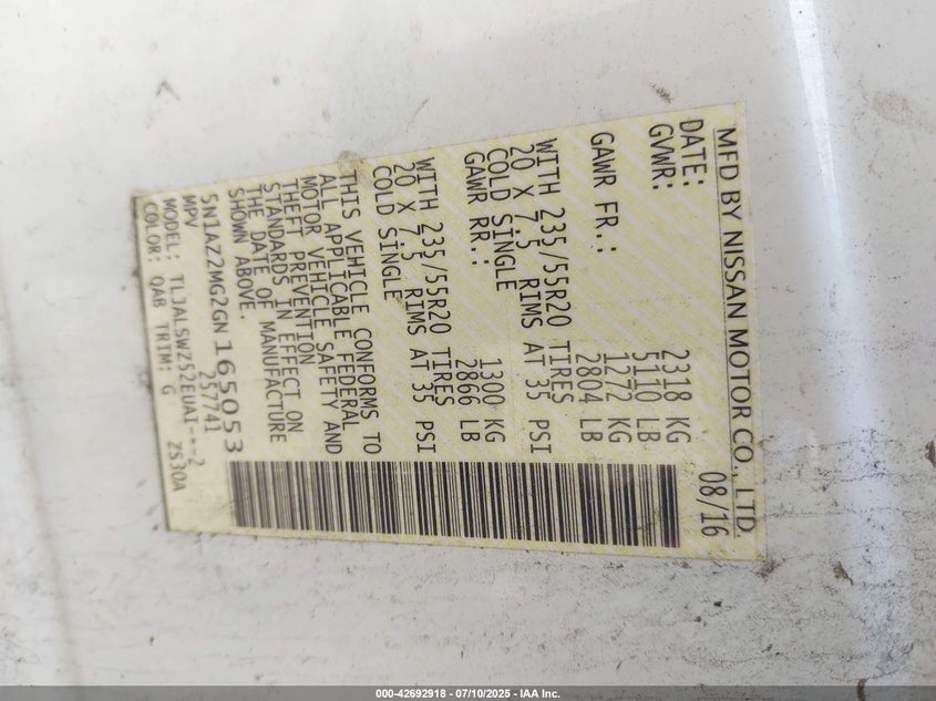 2016 Nissan Murano Platinum VIN: 5N1AZ2MG2GN165053 Lot: 42692918