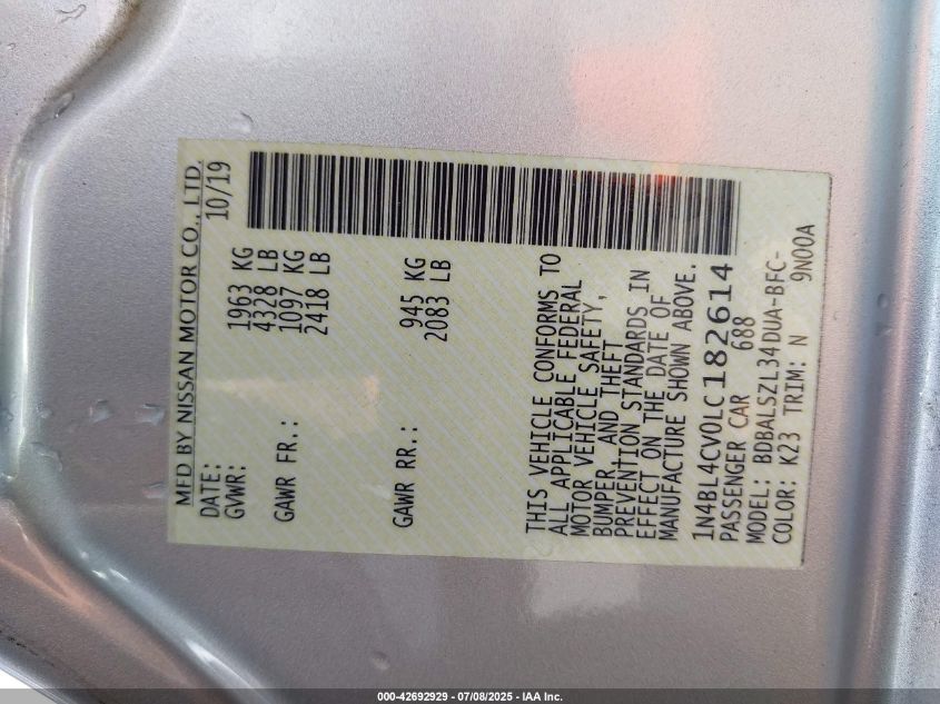 2020 Nissan Altima Sr Fwd VIN: 1N4BL4CV0LC182614 Lot: 42692929