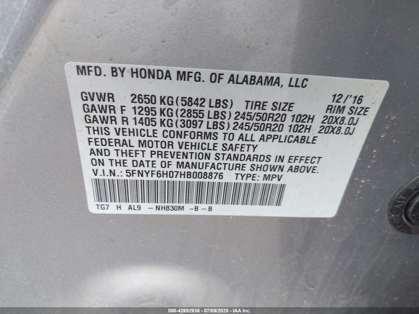 2017 HONDA PILOT ELITE - 5FNYF6H07HB008876