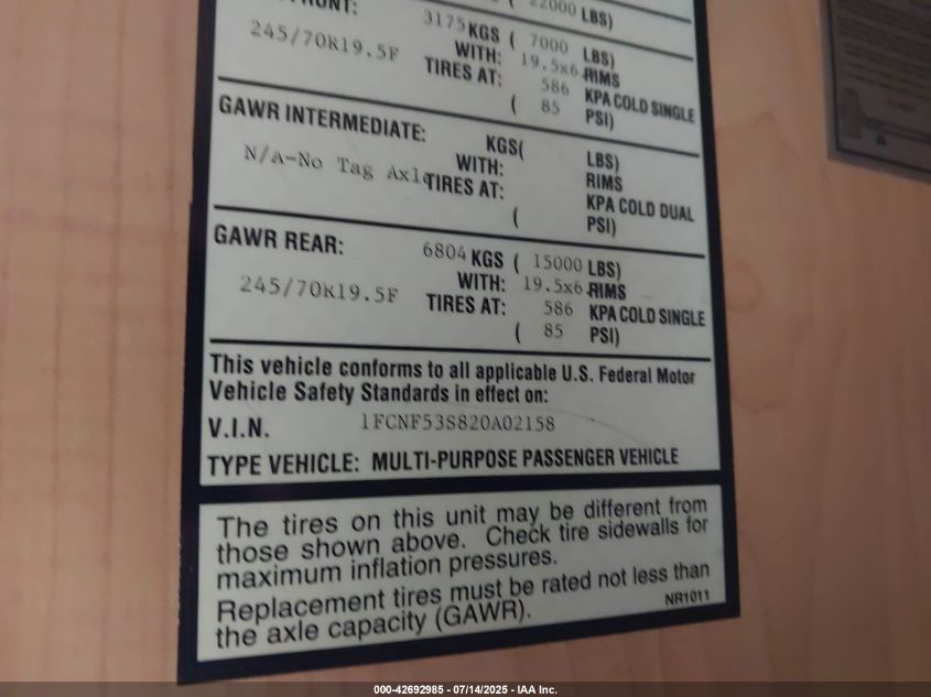 2002 Ford F550 Super Duty Stripped Chass VIN: 1FCNF53S820A02158 Lot: 42692985