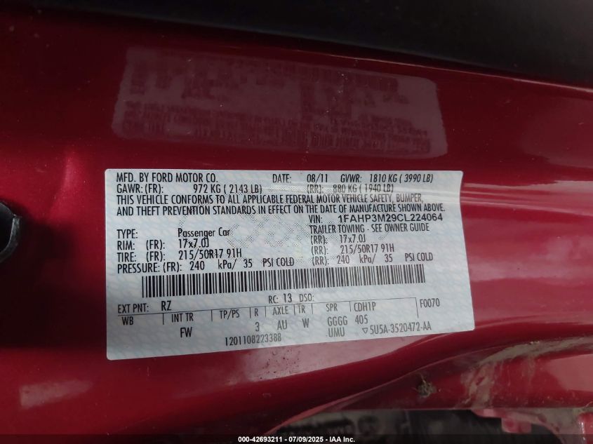 2012 Ford Focus Sel VIN: 1FAHP3F2XCL443354 Lot: 42693211