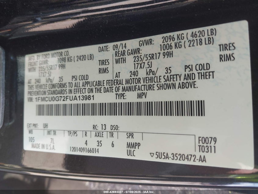 2015 FORD ESCAPE VIN: 1FMCU0G72FUA13981
