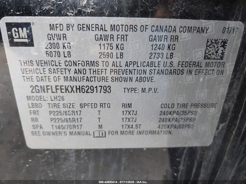 VIN 2GNFLFEKXH6291793 2017 CHEVROLET EQUINOX LT