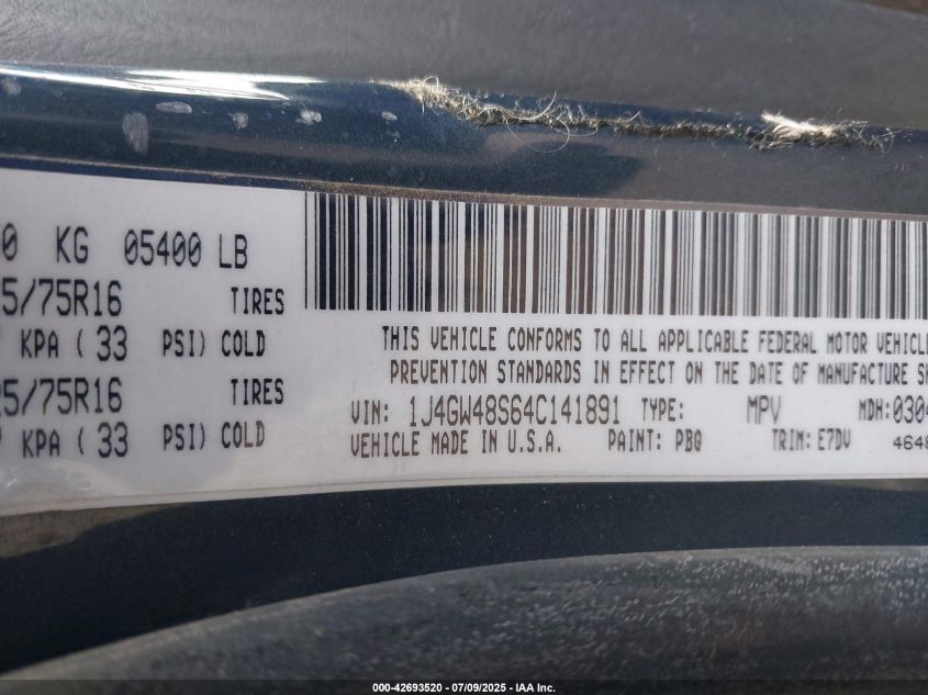 2004 Jeep Grand Cherokee Laredo VIN: 1J4GW48S64C141891 Lot: 42693520