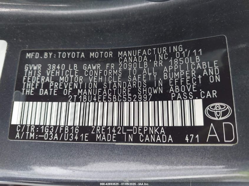 2011 Toyota Corolla Le VIN: 2T1BU4EE5BC552997 Lot: 42693529