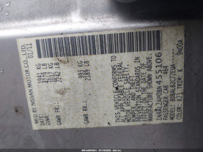 2011 Nissan Altima 2.5 S VIN: 1N4AL2AP0BN455106 Lot: 42693541