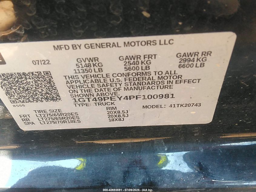 2023 GMC Sierra 2500Hd 4Wd Standard Bed At4 VIN: 1GT49PEY4PF100981 Lot: 42693591