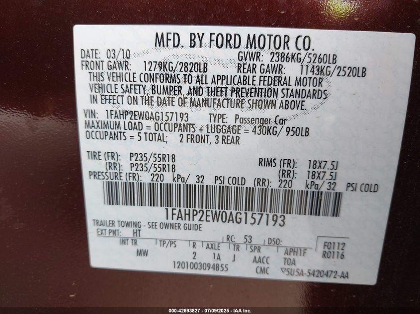 2010 FORD TAURUS VIN: 1FAHP2EW0AG157193