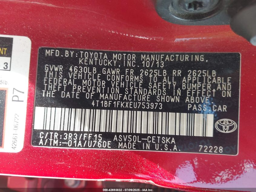 2014 Toyota Camry Se VIN: 4T1BF1FKXEU753973 Lot: 42693832