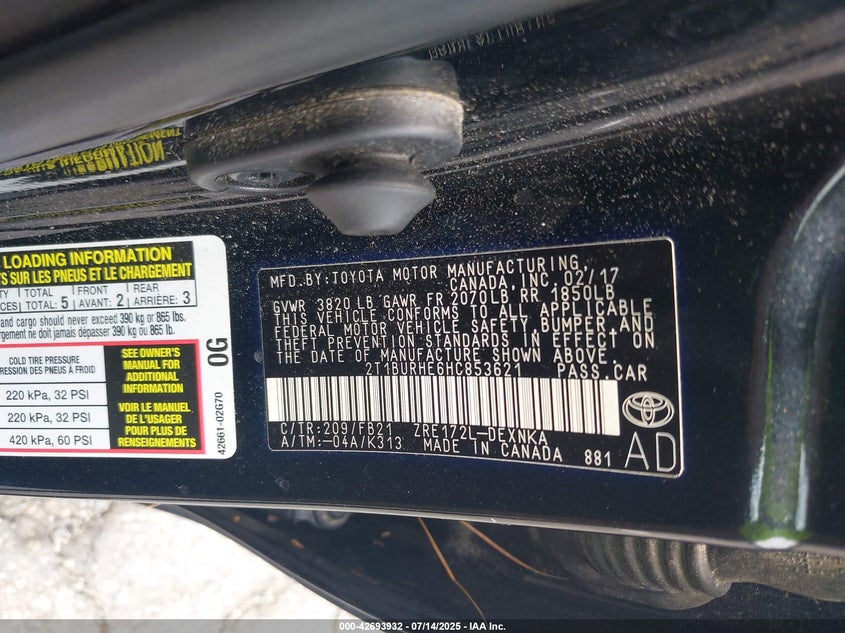 2017 TOYOTA COROLLA LE 2T1BURHE6HC853621