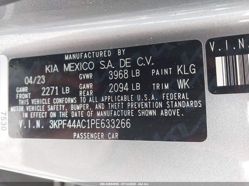 2023 Kia Forte Gt VIN: 3KPF44AC1PE633266 Lot: 42694056