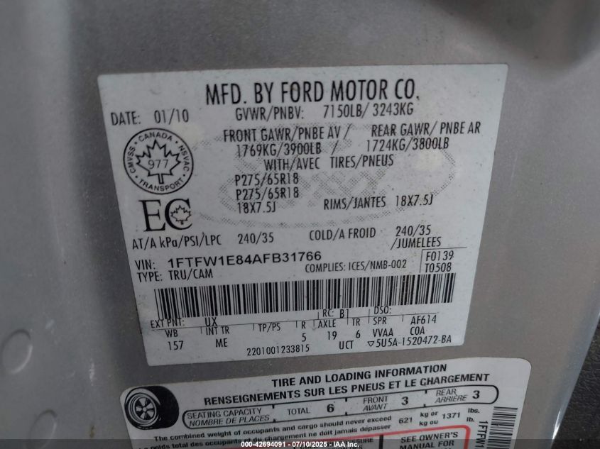 2010 Ford F-150 Xl/Xlt VIN: 1FTFW1E84AFB31766 Lot: 42694091