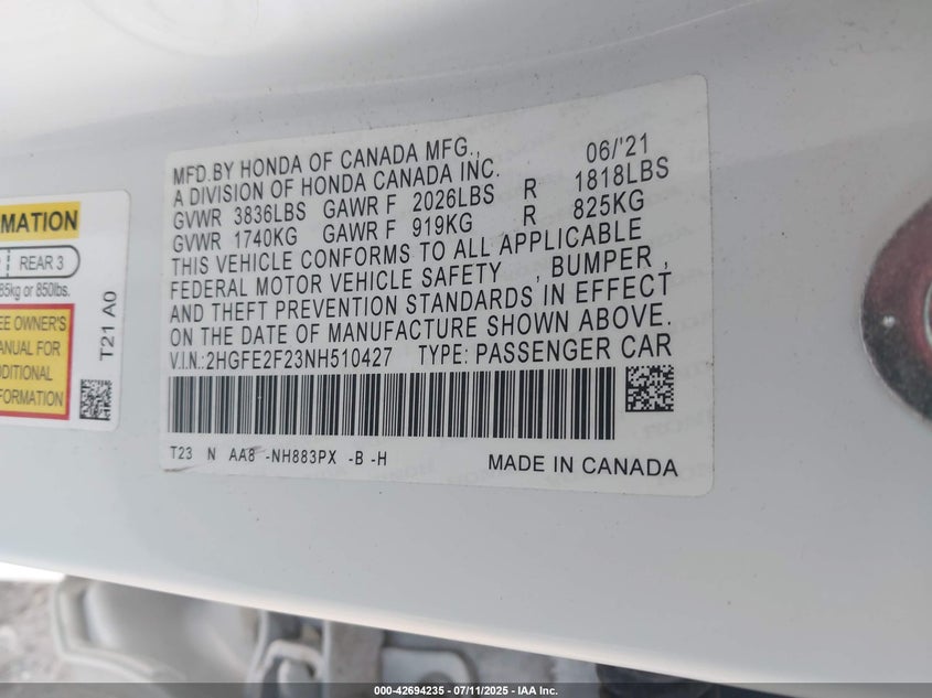 2022 HONDA CIVIC 2.0L I-4 DI, DOHC, V(VIN: 2HGFE2F23NH510427