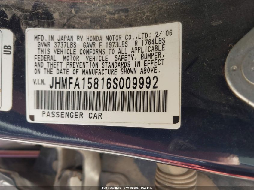2006 Honda Civic Ex VIN: JHMFA15816S009992 Lot: 42694570
