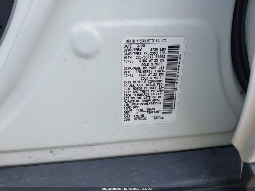 2020 NISSAN ROGUE S INTELLIGENT AWD - 0JN8AT2MV9LW14306