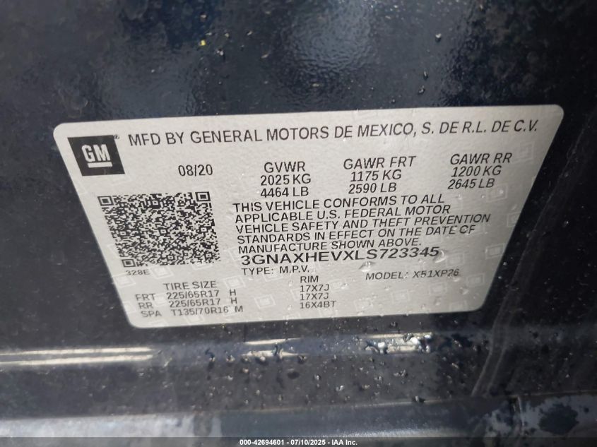 2020 Chevrolet Equinox Fwd Ls VIN: 3GNAXHEVXLS723345 Lot: 42694601