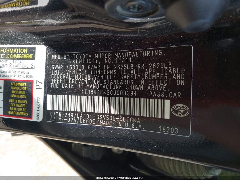 2012 Toyota Camry Xle V6 VIN: 4T1BK1FK2CU003394 Lot: 42694666