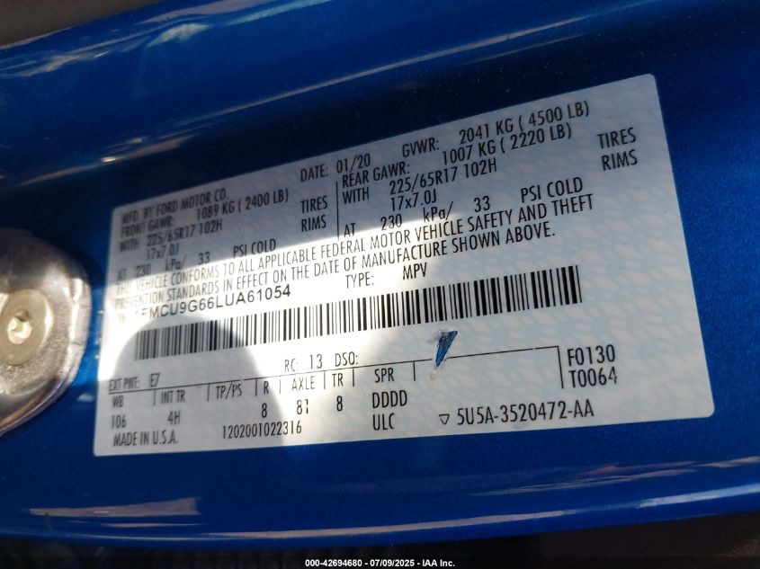 2020 Ford Escape Se VIN: 1FMCU9G66LUA61054 Lot: 42694680