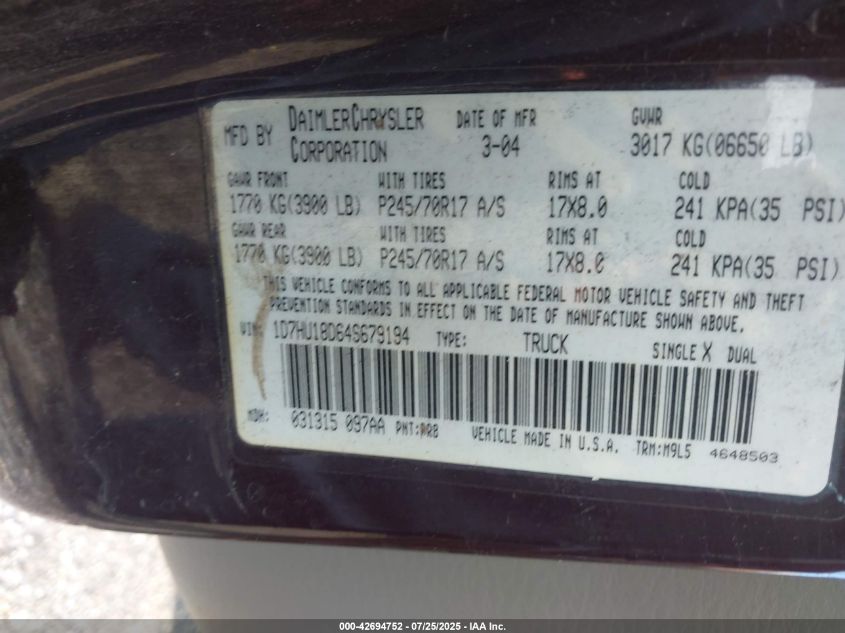 2004 Dodge Ram 1500 Slt/Laramie VIN: 1D7HU18D64S679194 Lot: 42694752