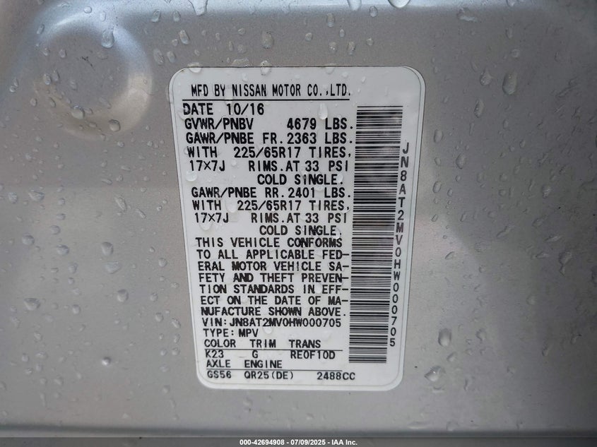 2017 NISSAN ROGUE SV - JN8AT2MV0HW000705