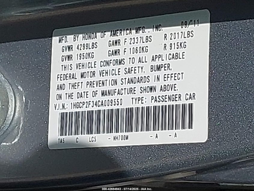 2012 Honda Accord 2.4 Lx VIN: 1HGCP2F34CA009550 Lot: 42694943