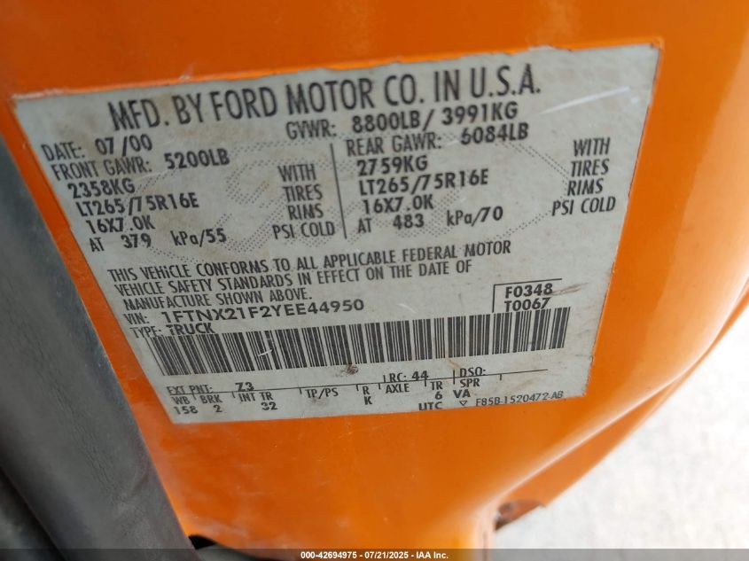 2000 Ford F-250 Lariat/Xl/Xlt VIN: 1FTNX21F2YEE44950 Lot: 42694975
