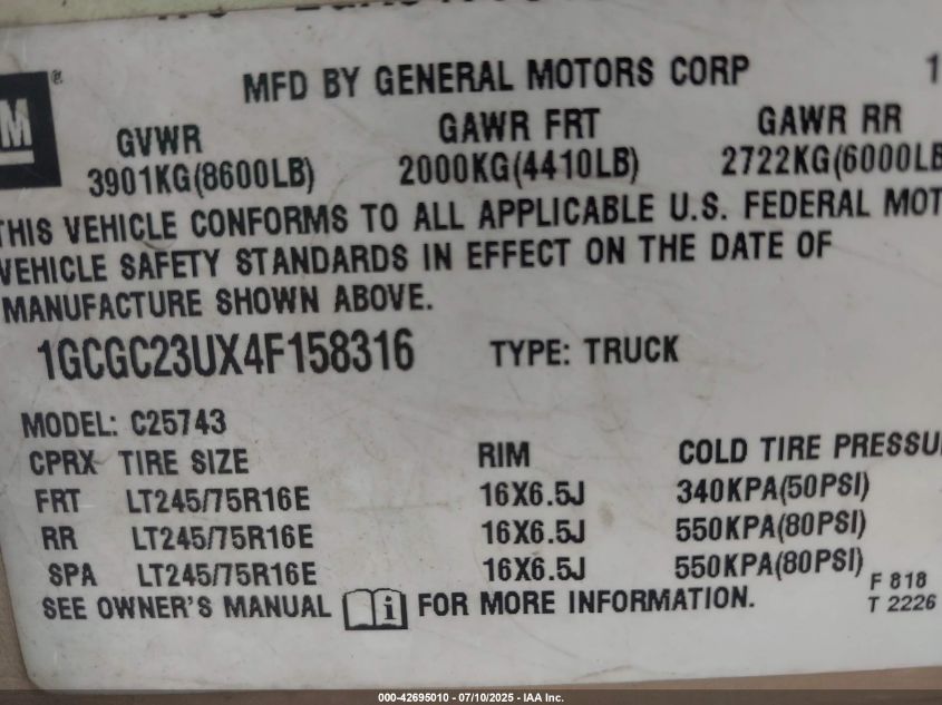 2004 Chevrolet Silverado 2500 Ls VIN: 1GCGC23UX4F158316 Lot: 42695010